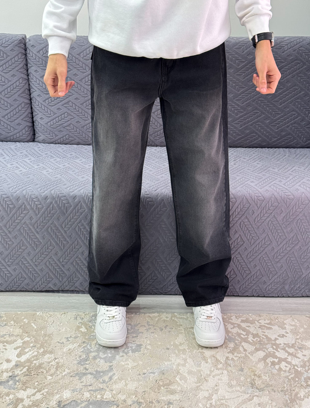 Black grey wide leg jeans (32)
